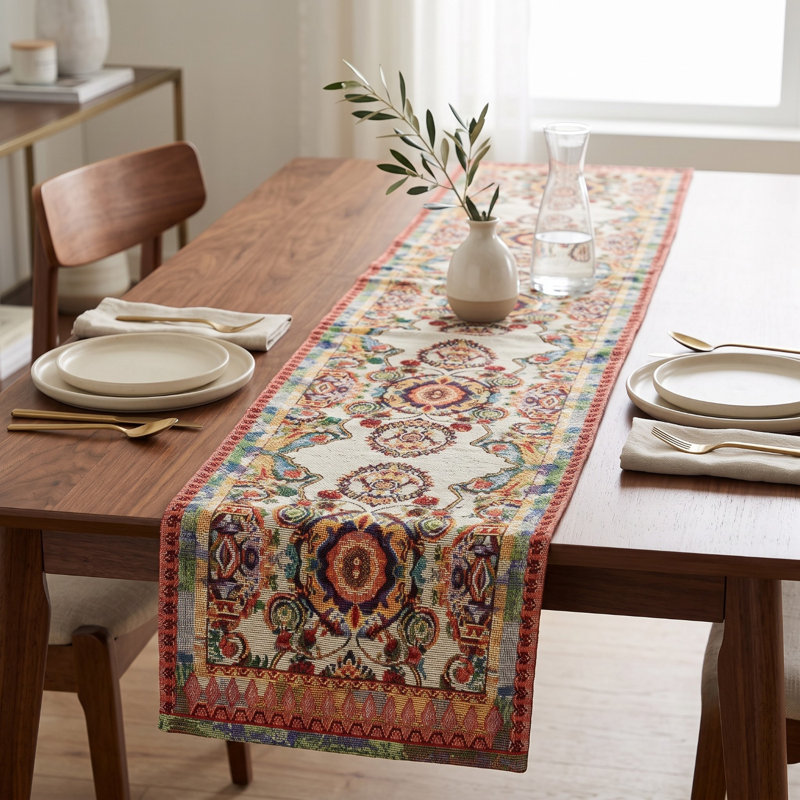 Paisley Cotton Blend Table Runner, 72" L x 1" W, White