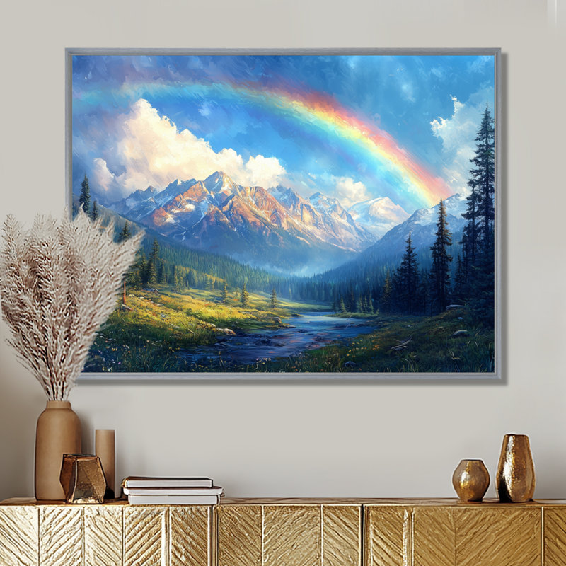 Rainbow Over The Rocky Mountains - Rainbow Canvas, art mural, H 30 po x l 40 po, Cadre argenté flottant