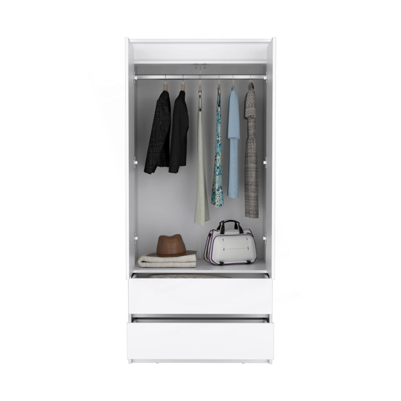 Armoire 2 tiroirs Austin, double porte, tringle - blanc
