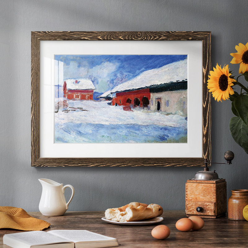 Maisons rouges à Bjornegaard dans la neige, Norvège, 1895 - Reproduction encadrée rustique avec tableau mat, Noyer