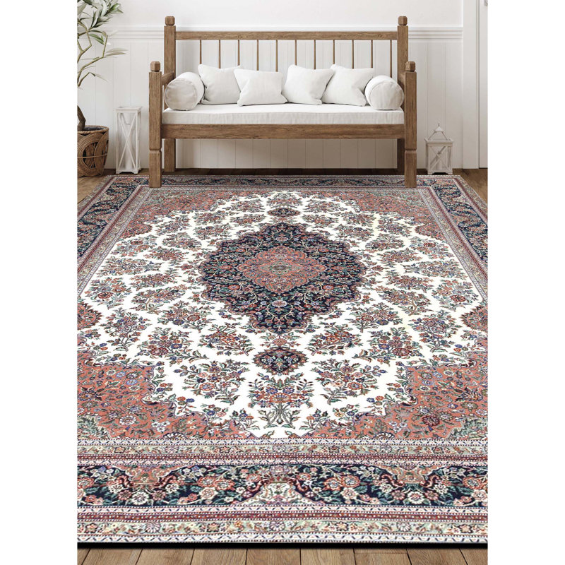 Tapis ivoire et bleu marine noué à la main de haute qualité