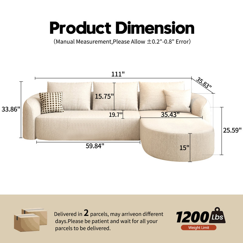 Canapé modulaire incurvé modulaire Boneless, Blanc, Orienté à droite, H 33,86 po x l 111 po x P 72 po