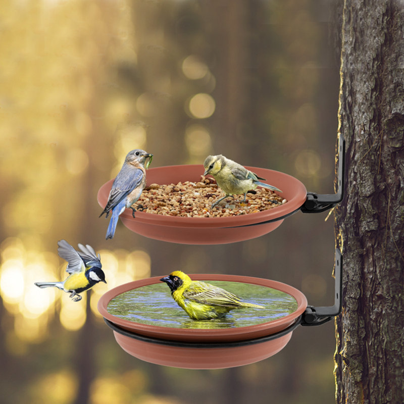 Clôture pour mangeoire d'oiseaux - 2 pièces, bain d'oiseaux sauvages à fixation sur un arbre pour placer de l'eau à l'extérieur, installé sur des piquets de terrasse avec anneau en fer robuste