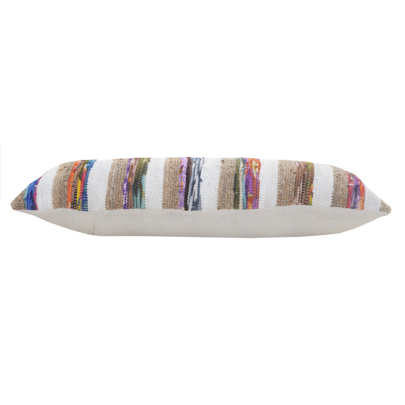 Natural Jute and Multicolored Cotton Striped Rectangular Throw Pillow
