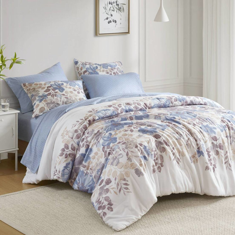 Édredon à motif floral bleu aquarelle pour lit de très grand lit, ajustement de matelas de 16 po, microfibre douce, draps et draps lavables à la machine, impression, profondeur