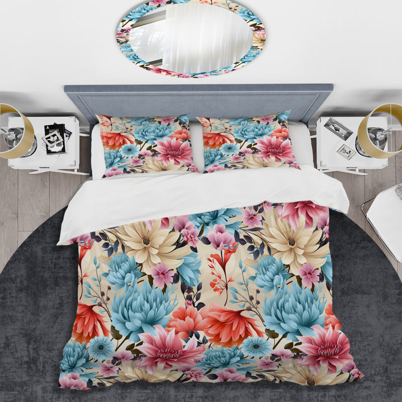 Blue Boho Floral Harmony Dreams - Ensemble de housse de couette floral, Housse de couette pour très grand lit et 2 très