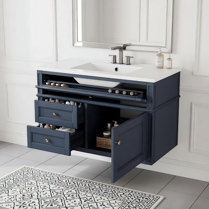 Meuble-lavabo mural de 36 po, armoire de rangement flottante avec 2 tiroirs, 1 tiroir basculant, lavabo simple en céramique à 3 trous, armoire moderne