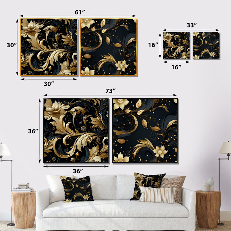 Gertrude - ensemble de 2 décorations murales florales, Cadre noir, H 16 po x l 33 po x P 1 po
