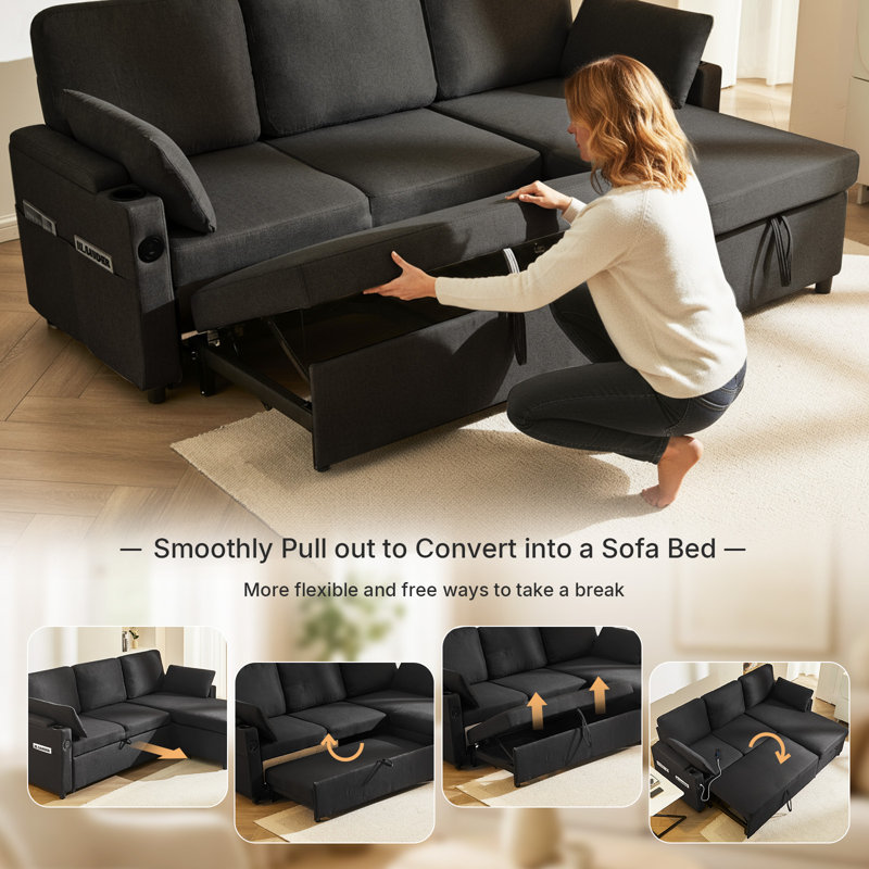 3 Seater Sofa Bed, 2-In-1 Pull-out Sleeper Couch with Storage Chaise and Armrest, Sectional L-Shaped Convertible Sofa Bed with USB & Cup Holder for Apartment Living Room Fabric