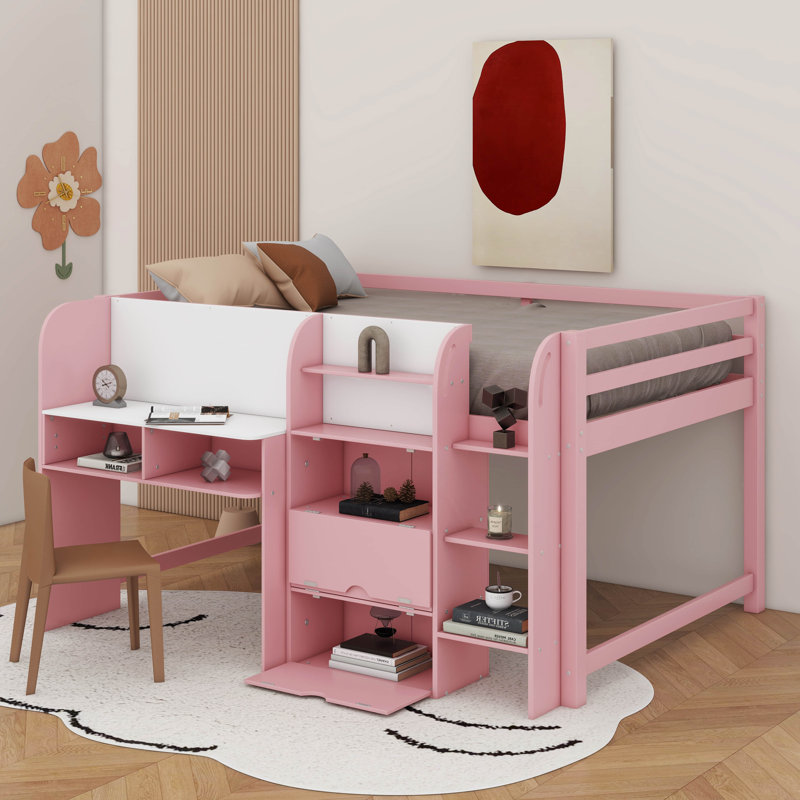 Full Size Low Loft Bed With Built-In Desk,Storage Cabinets And Open Bookcase,Whiteboard For Graffiti, Pink