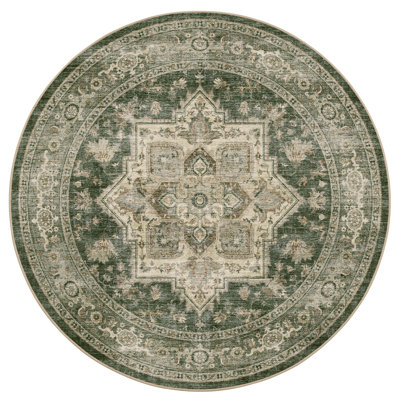 Vintage Green Machine Washable Round Area Rug