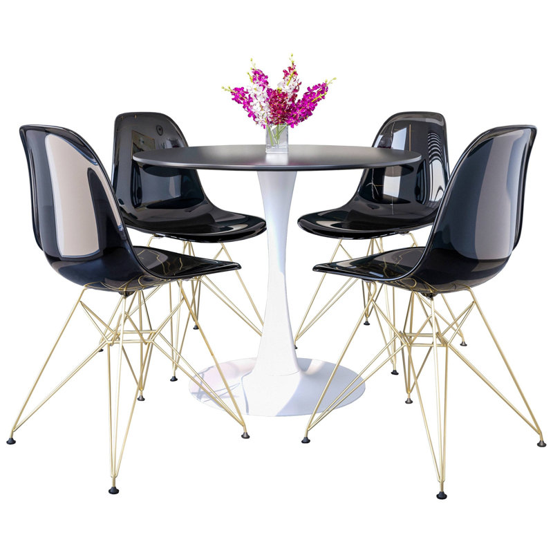 Elkton 5-Piece Dining Set With 35" Round Dining Table In White Iron Pedestal Base And 4 ABS Plastic Side Chair With Gold Base