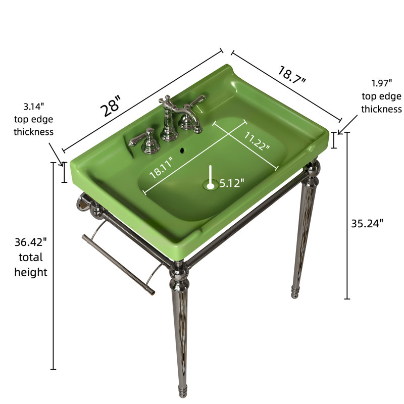 Lavabo de console de salle de bain en céramique 28 po, 3 espaces d'installation de robinet, support en acier inoxydable avec barre à serviettes, finition et trous de fixation de meuble-lavabo stables, tige amovible, apparence, surface à gratter