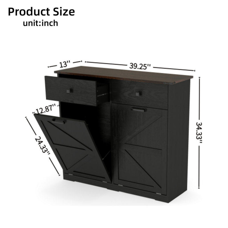 Double-Tilting Trash Cabinet, Freestanding Recycling Bin With Hidden Drawer, Kitchen Tilt-Out Trash Cabinet, Fits 20-Gallon Trash Cans