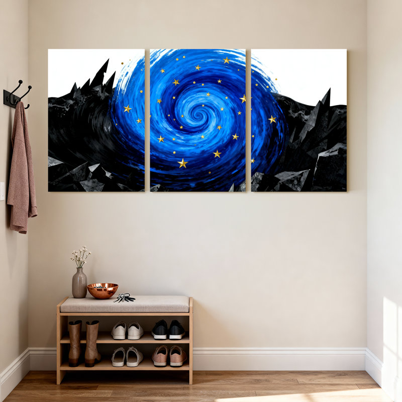 Ensemble de 3 impressions sur toile bleu ciel en spirale avec étoiles et montagnes, H 18 po x l 36 po