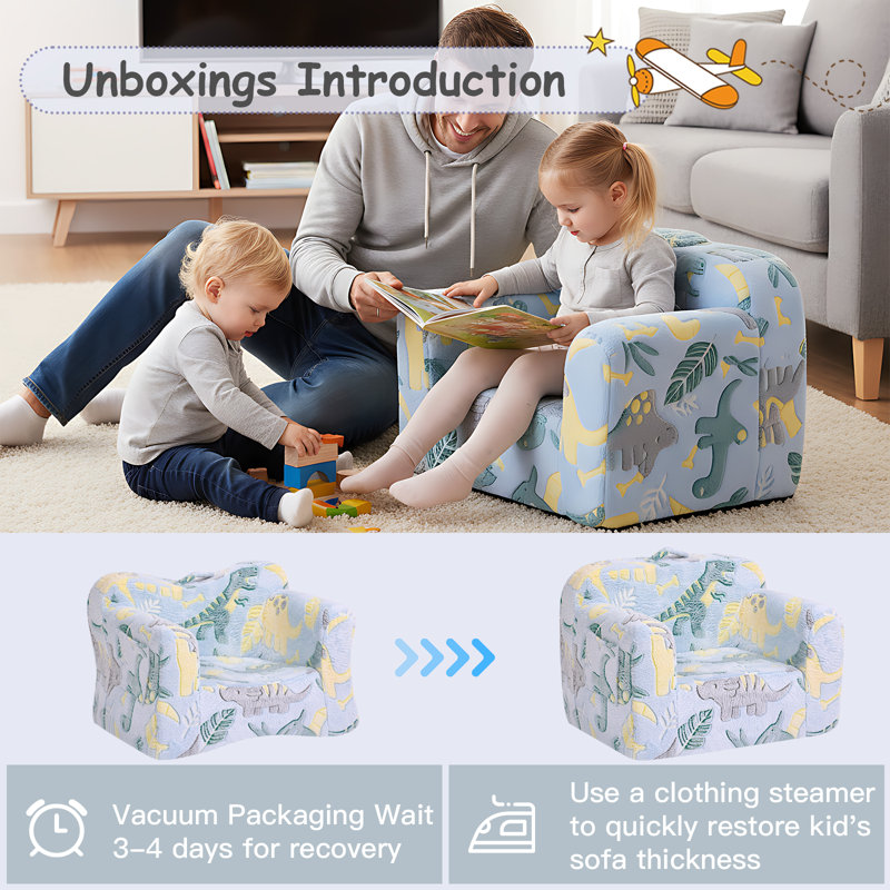 Kids Sofa Toddler Chair, Children Couch With Side Pockets, Green Dinosaur