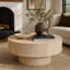 Table basse ronde de rangement avec finition beige travertin, couvercle amovible et rangement dissimulé