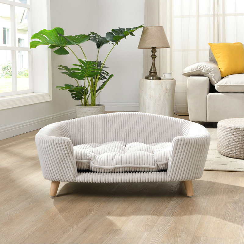 Petit cadre de lit pour chien avec matériau en velours côtelé, pieds en bois d'hévéa, mousse de soutien, teinte beige, assemblage sans effort pour une conception confortable et surélevée, installation facile pour animaux de compagnie