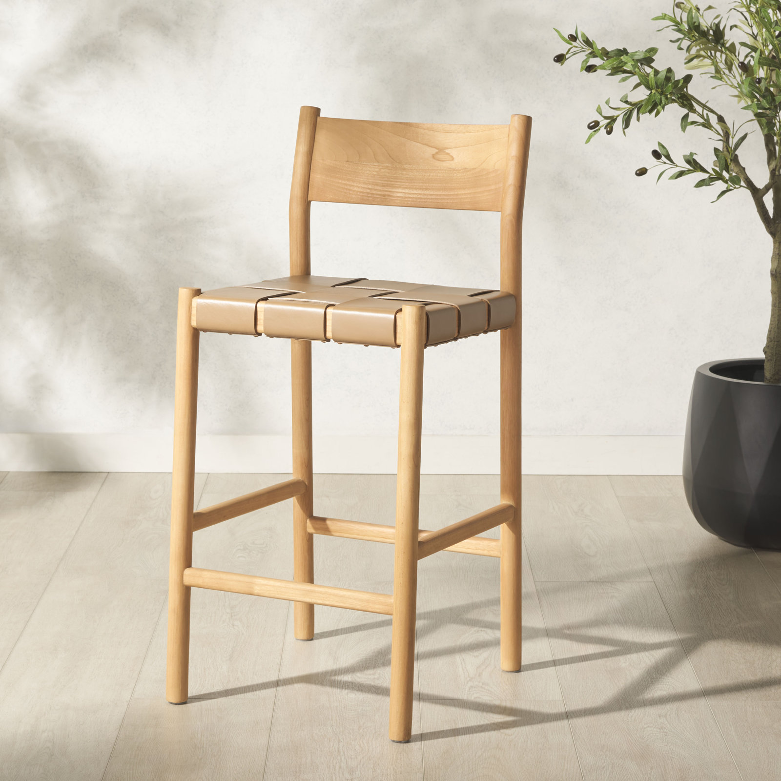 Hentges Woven Leather Counter Stool, Brown