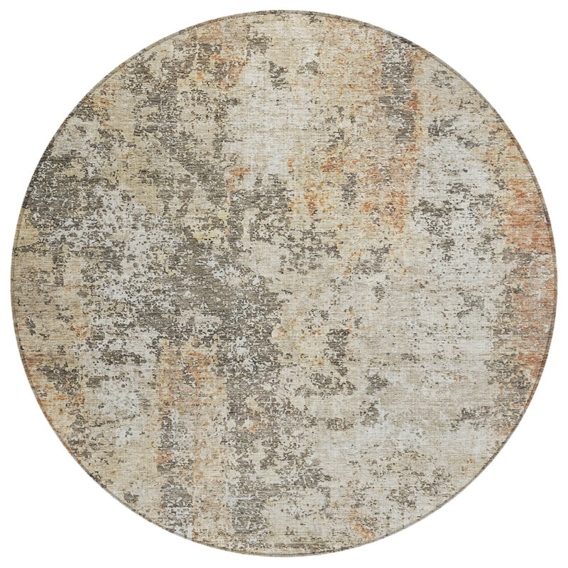 Tapis extérieur rond lavable abstrait 8 pi beige et gris foncé en terre cuite