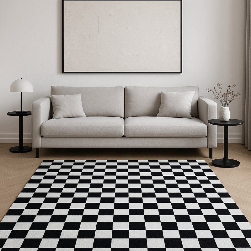 5' X 8' Black And White Checkered Area Rug, Rectangle 5' X 8'