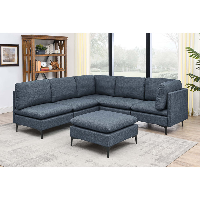 Linen Modular Sectional Sofa with Custom Configuration, Dark Blue Linen, 35" H x 93.5" W x 91" D, Symmetrical