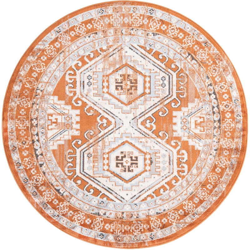Tapis oriental en terre cuite / ivoire, Rond 5 pi 3 po