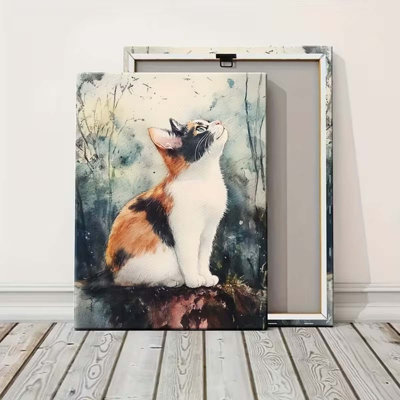 40*28，2D Flat 1pc Elegant Historical Canvas Poster with Wooden Frame Watercolor Painting of a Cute And Adorable Calico Cat Sitting on 4 Canvas Poster with Wooden Frame.