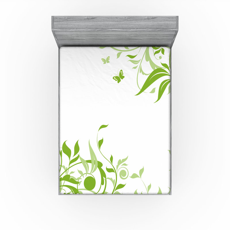 Drap-housse orange Ambesonne, Drap-housse de taille double, Vert lime / floral vert pâle