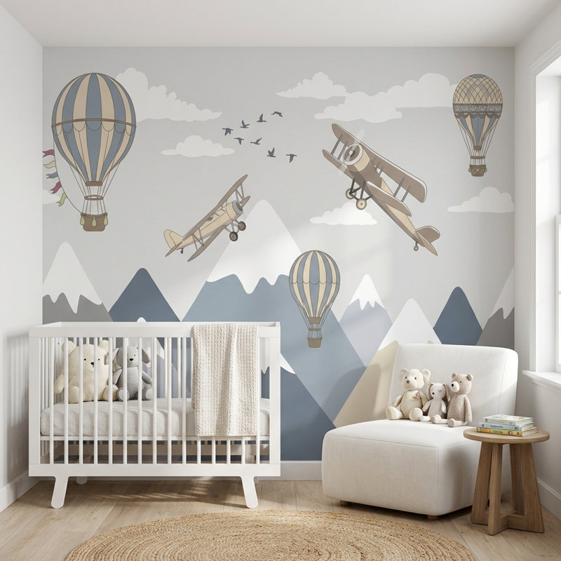 Murale rétro Airplanes, L: 190 po x H: 108 po, Peler et coller