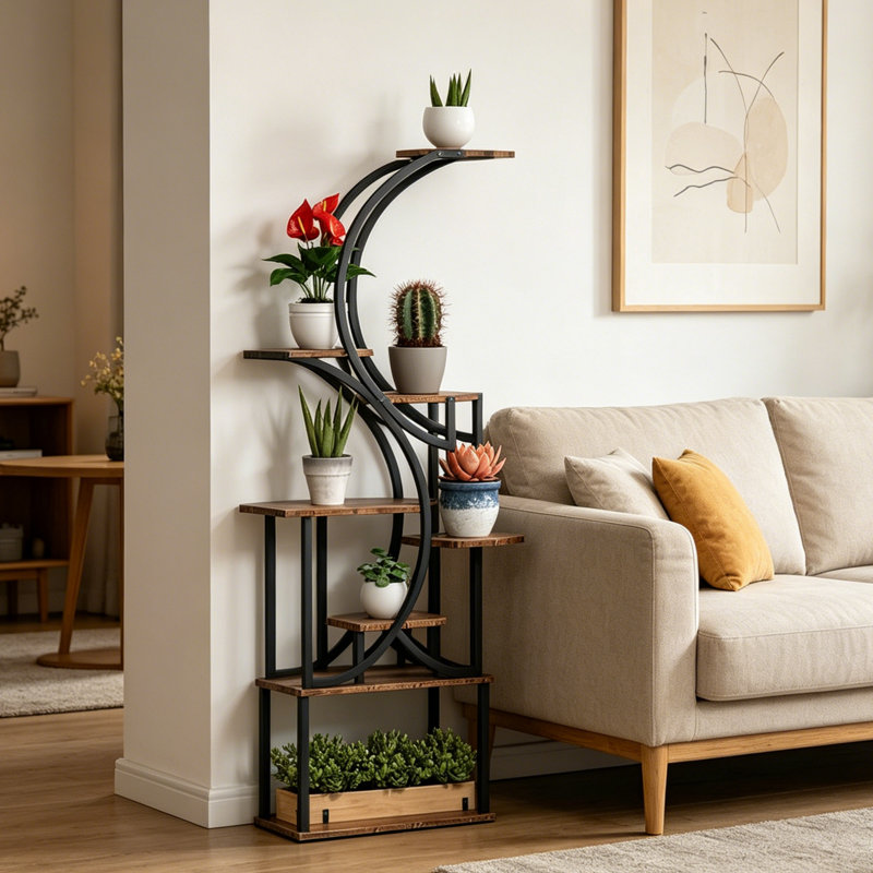 Support à plantes à 8 niveaux en forme de S, structure en acier avec base en bois de sapin, grande tablette d'angle pour plantes d'intérieur et d'extérieur en pot