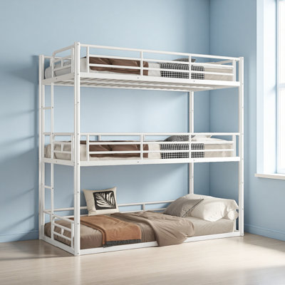 Bunk Bed, Metal Triple Bunk Bed With Safety Guardrails, Heavy-Duty Bunk Bed With Noise-Reduced Design