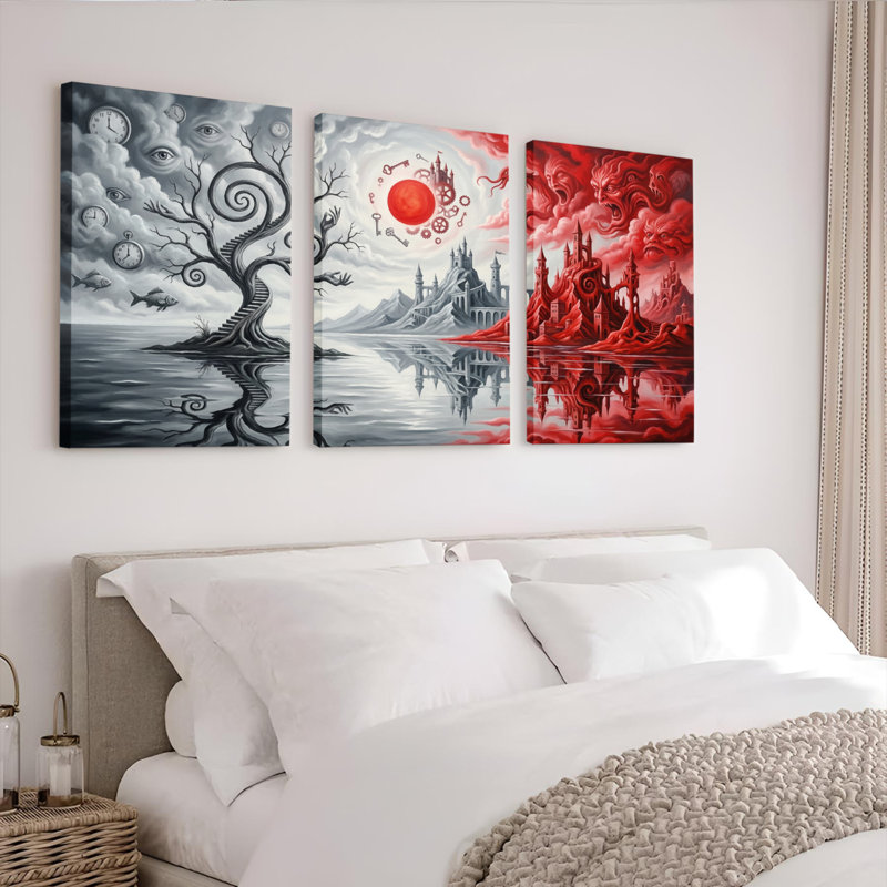 Château fantastique et ciel rouge, ensemble de 3 reproductions d'art sur toile tendues sur toile, 2030