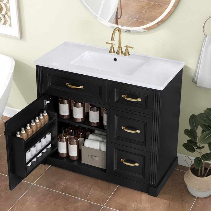 Meuble-lavabo moderne 36 "avec lavabo en céramique, Noir, Doré