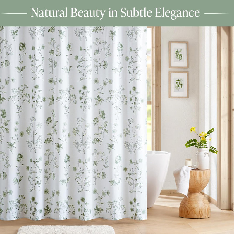Cotton Shower Curtain With Botanical Floral Print - Spa Quality Bathroom Decor, Modern Farmhouse Design, 72X72 Inches, Green