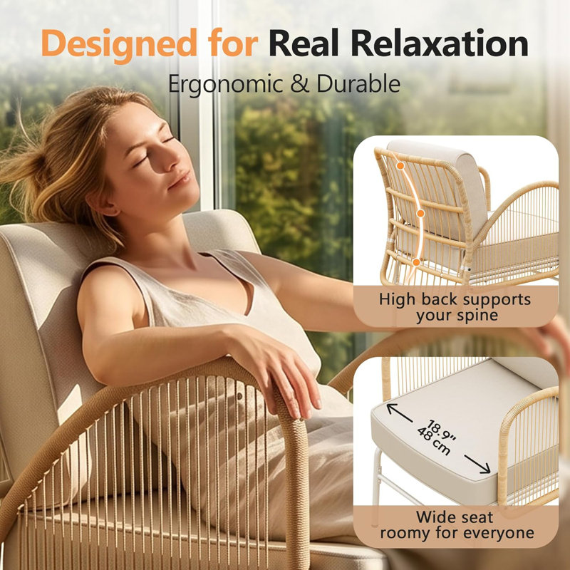 Rattan Patio Conversation Set, Outdoor Lounge Chair With Ottoman & Round Coffee Table