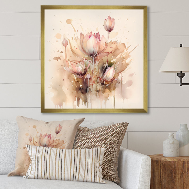 «Rykir Pink and Cream Flowers Bouquet Elegance», reproduction sur toile, H 16 po x l 16 po x P 1 po, Encadrement doré