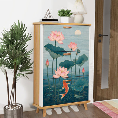Shoe Storage Cabinet with 3 Flip Drawers for Lotus Flowers Koi Fish Pond Pink Blooms Blue Water Japanese Inspired Shoe Rack Storage Organizer