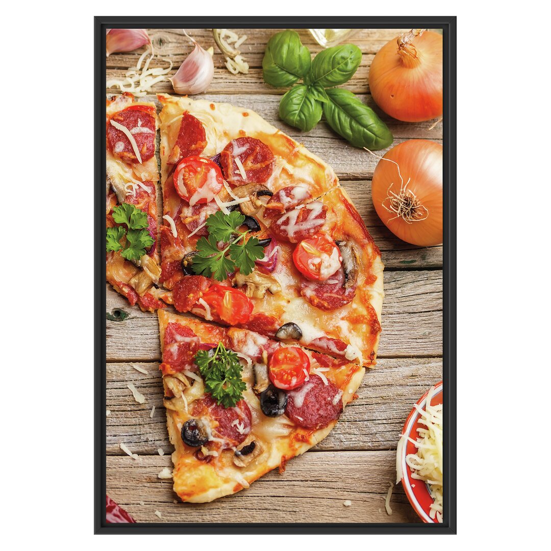 Gerahmtes Wandbild Pizza Italia auf Holztisch