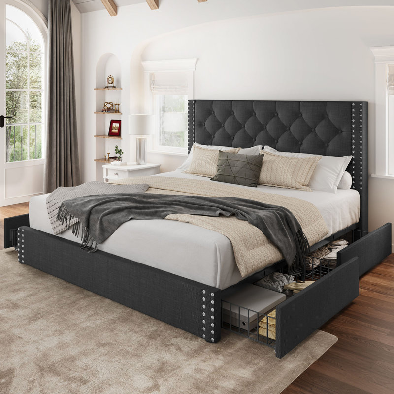 Lit plateforme tapissier avec rangement Kevyon, Gris, Lit double