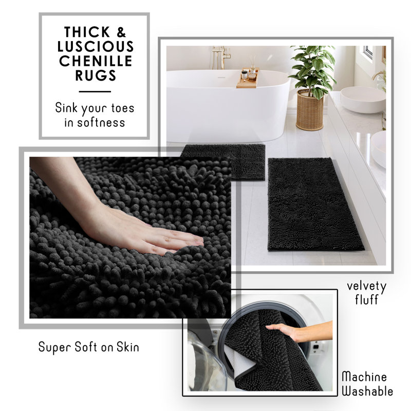Complete 8 Piece Bathroom Accessory Set with Bamboo Accents, Trash Can, Toilet Brush & 2 Bath Rugs Included, Black