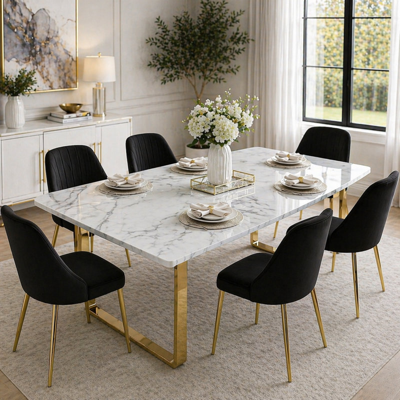 Viktor Faux Marble Dining Table with Gold Base, Gold, 30" H x 65" L x 40" D