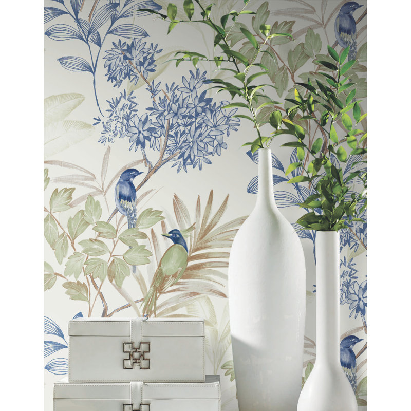 Handpainted Songbird Peel & Stick Wallpaper, Green & Blue