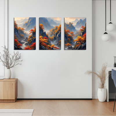 Autumn Mountain Landscape Oil Painting Print Canvas Wrapped Wall Art, Three-Piece Set for Living Room or Bedroom Decor