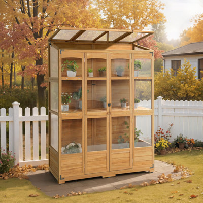 57.9" W x 28.5" D Wooden Greenhouse with Openable Roof and Lockable Door