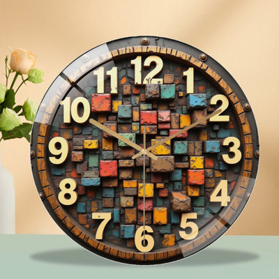 Vintage Mosaic Wooden Wall Clock Home Decor Art - 12'' Modern Glass Wall Clock