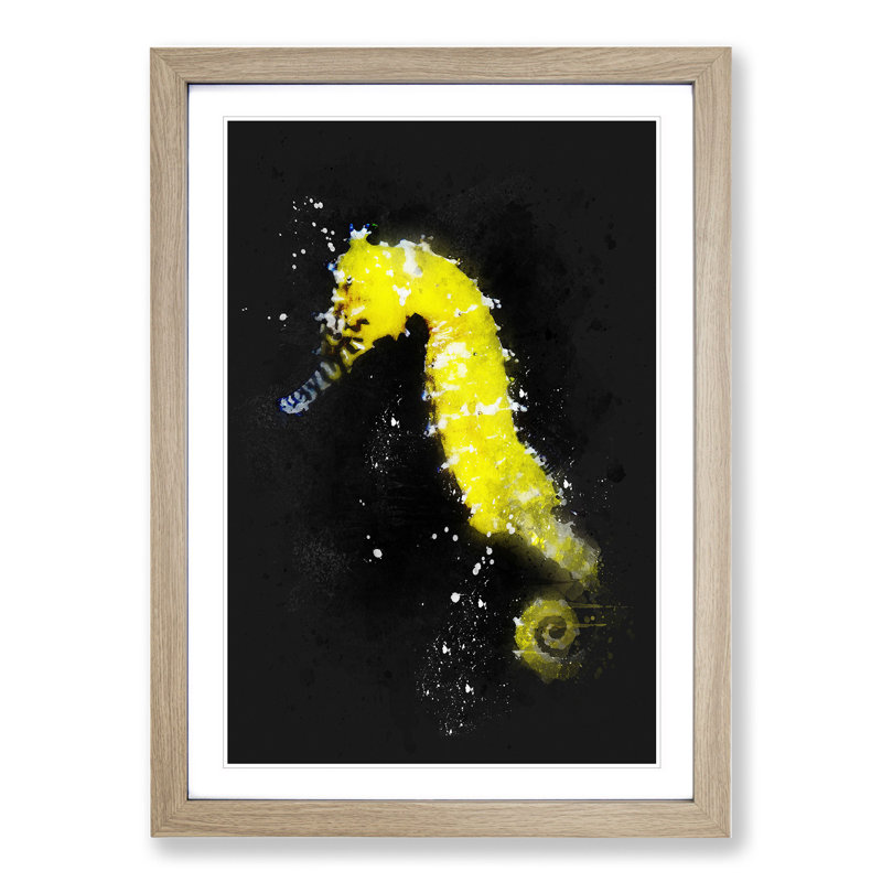Yellow Seahorse Paint Splash - Picture Frame Graphic Art, Oak, 90cm H x 65cm W x 2cm D