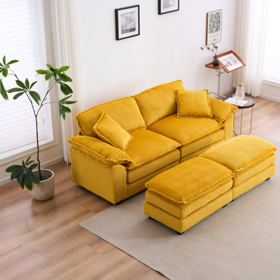 Corduroy 2-seats sofa With 2 back pillows,2 toss pillows and two ottoman,Comfy Sofa- Deep Seat Couch for Living Room