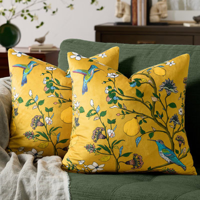 Ensemble de 2 housses de coussin moutarde à motif floral jaune 18 x 18, housse de coussin en velours de fleurs sauvages