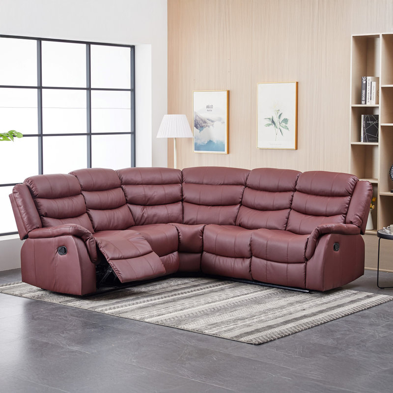 Lotus 6 Seater Faux Leather Reclining Corner Sofa , Burgundy